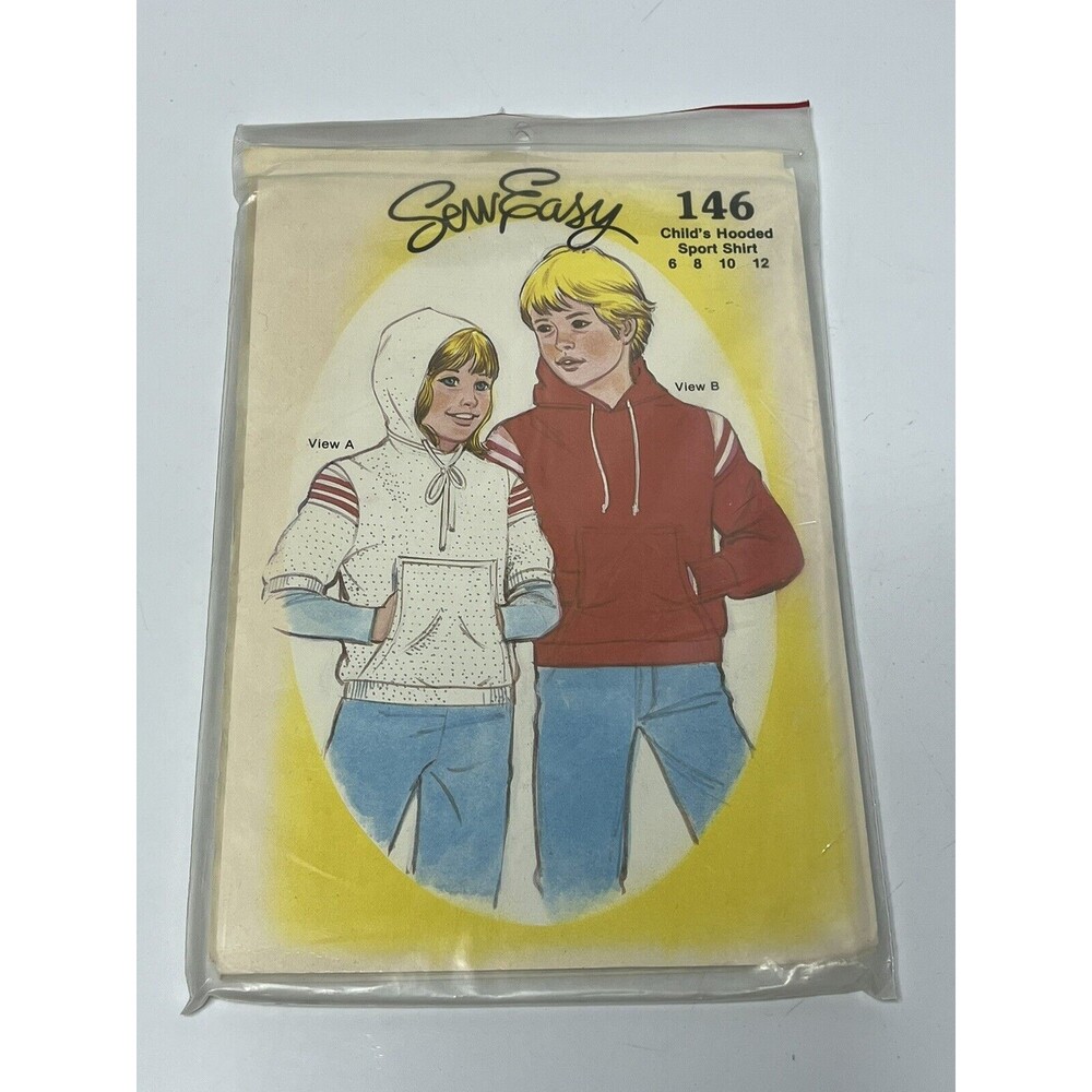 Hoodie Child Size 6-12 UNCUT Sewing Pattern Sport shirt Vtg 80s Sew Easy 146
